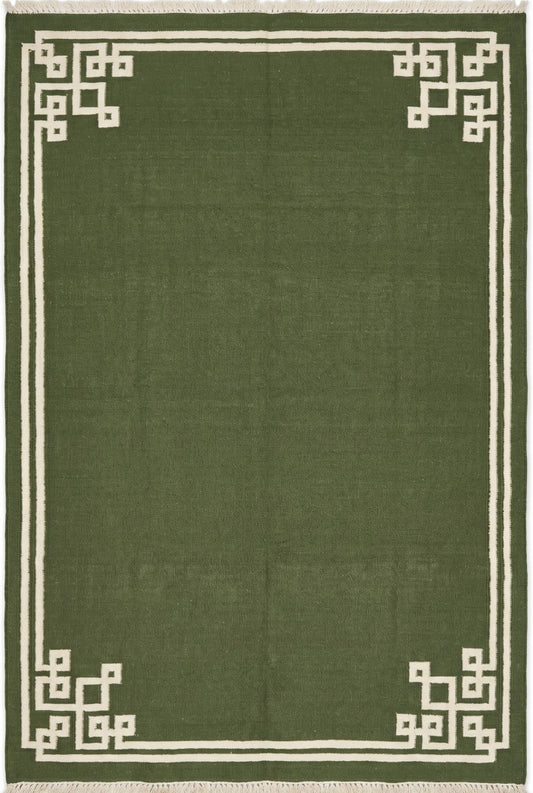 Moss Fretwork Handwoven Cotton Flatweave Dhurrie Rug