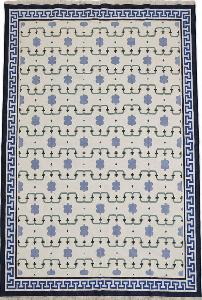 Marrakesh Meande Blue Greek Key Border Dhurrie