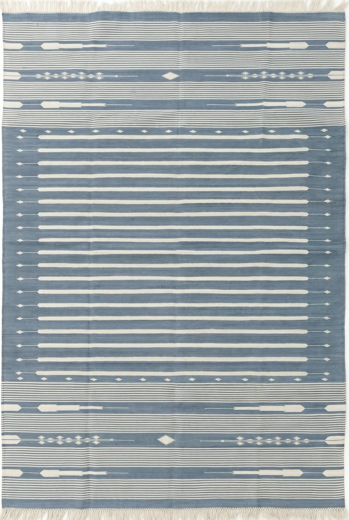 Slate Blue Striped Flatweave Rug with Tribal Motifs
