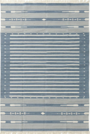 Slate Blue Striped Flatweave Rug with Tribal Motifs