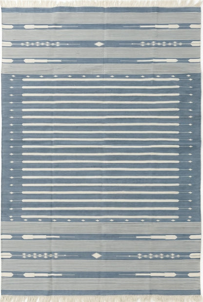 Slate Blue Striped Flatweave Rug with Tribal Motifs