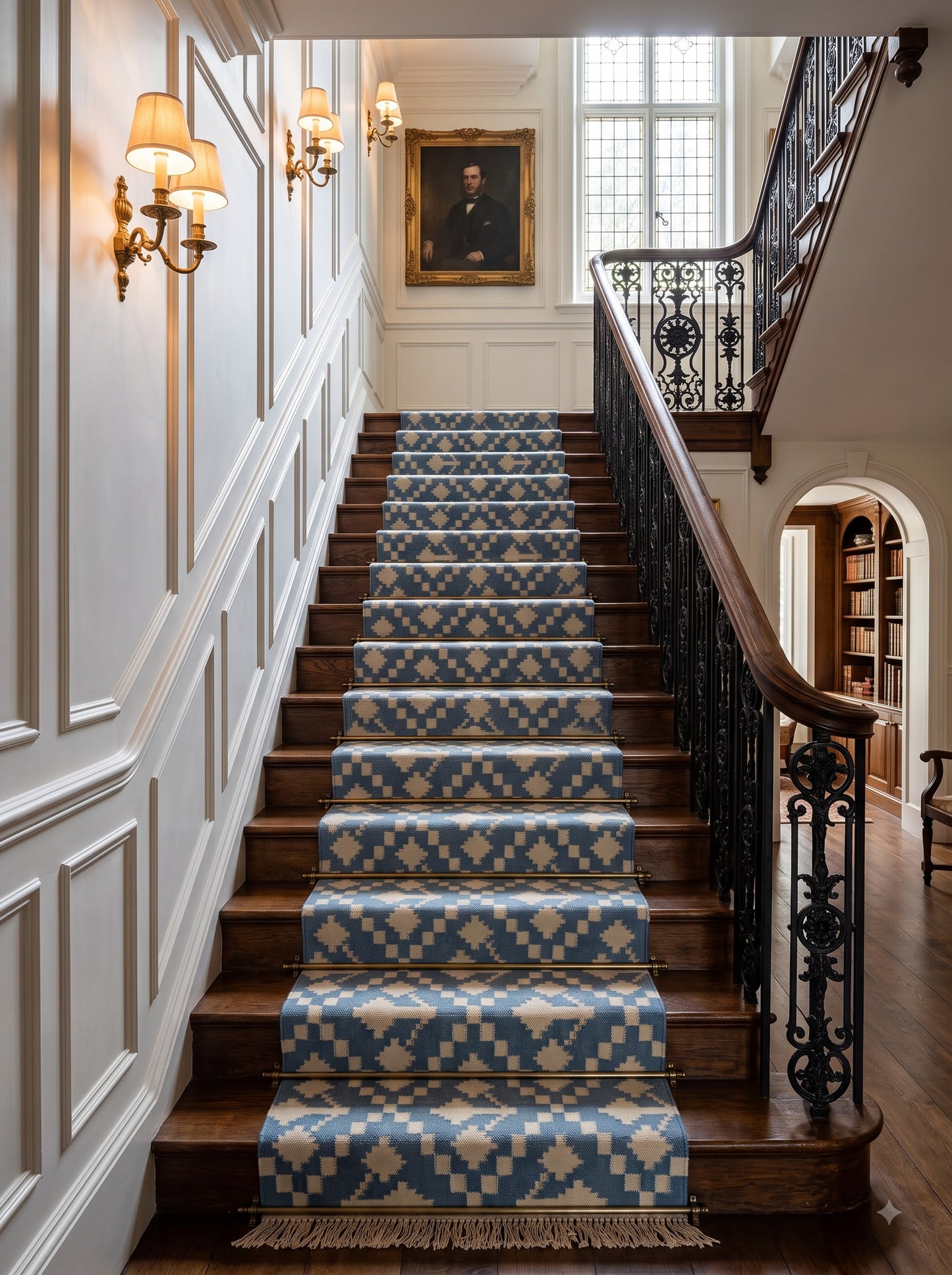 Handwoven Wool Runner Blue and White Kilim Style