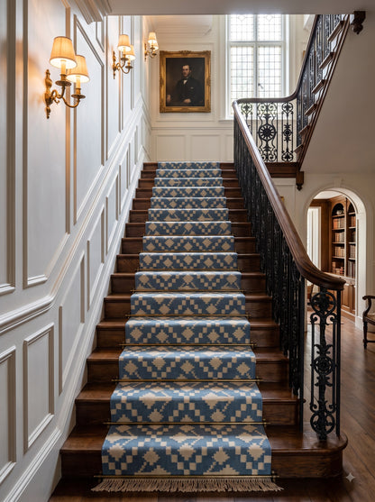 Handwoven Wool Runner Blue and White Kilim Style