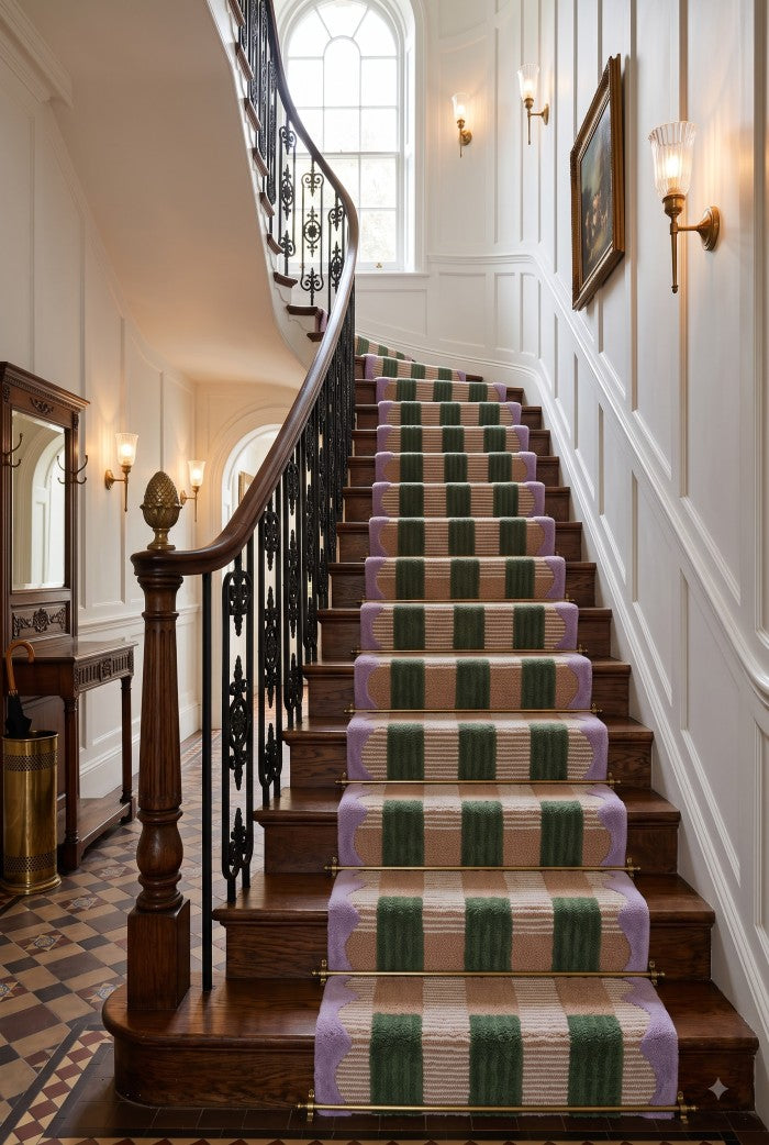 Hand-Tufted Wool Hallway Runner Neutral Plaid Rug with Scalloped Edge