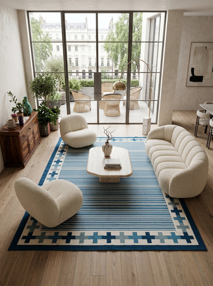 Handwoven Blue Stripe Cotton Rug Geometric Border Dhurrie Rug