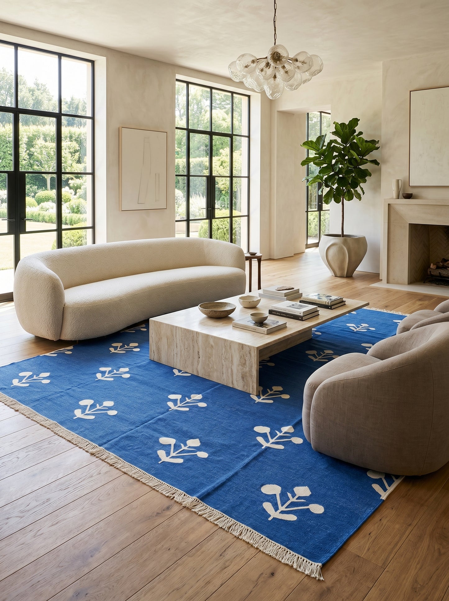 Azure Blossom Handmade Coastal Rug, Custom Size Dhurrie