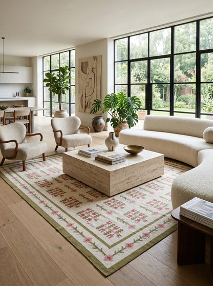 Swedish Folk Pattern Area Rug Nordic Floral Dhurrie Rug