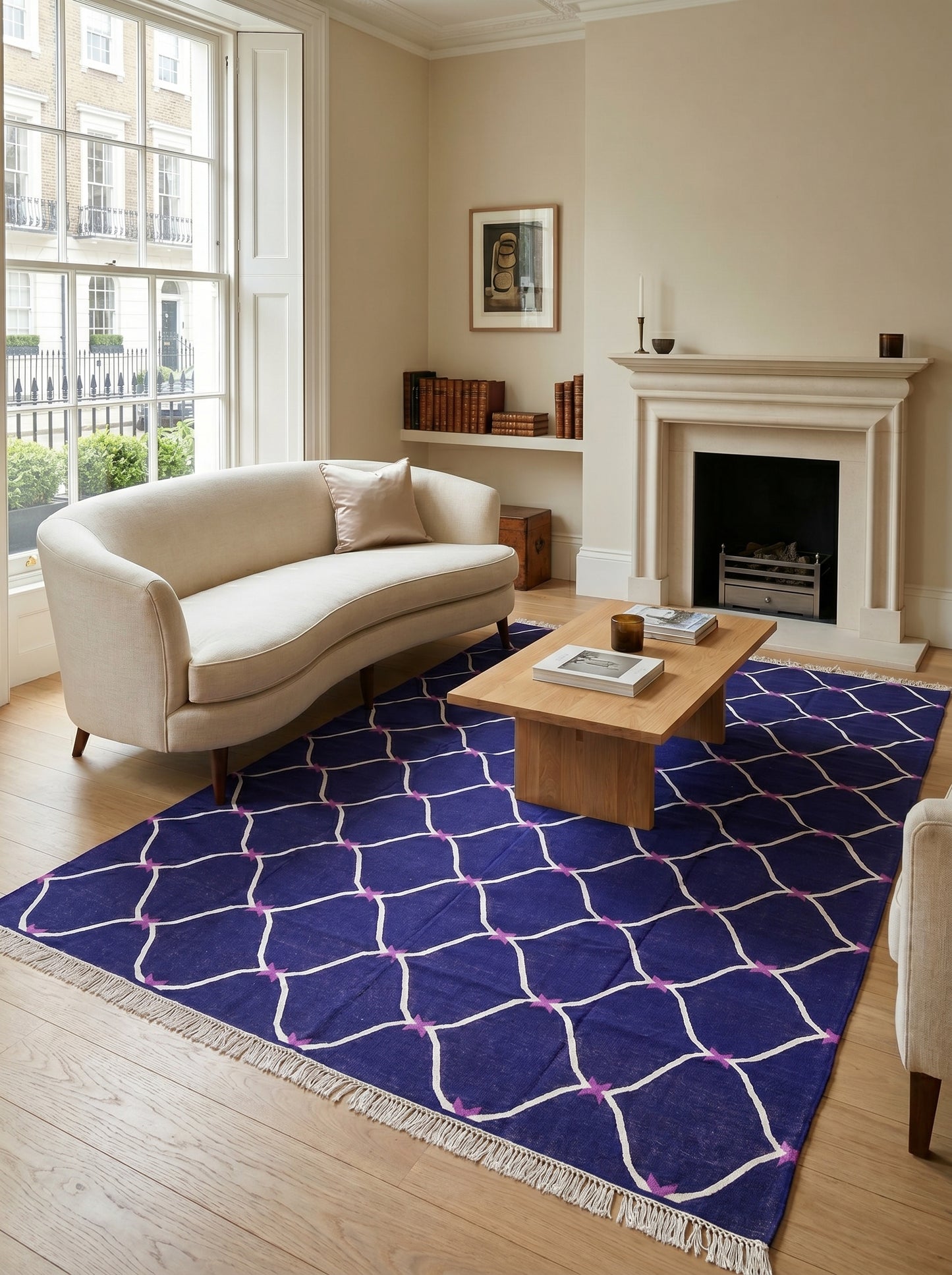 Cobalt Trellis Handwoven Cotton Flatweave Dhurrie Rug