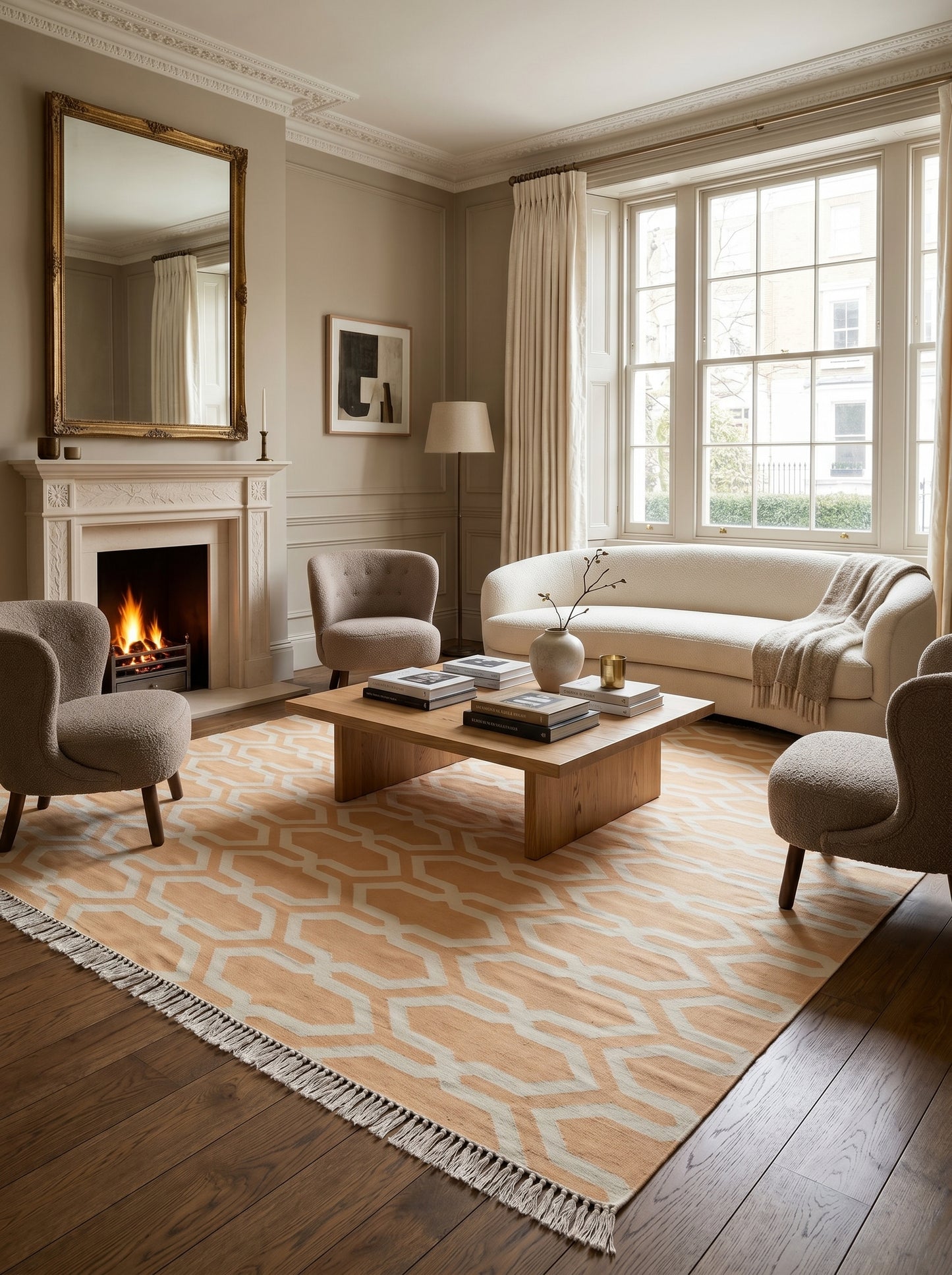 Camel Beige Geometric Area Rug, Modern Interlocking Trellis Dhurrie