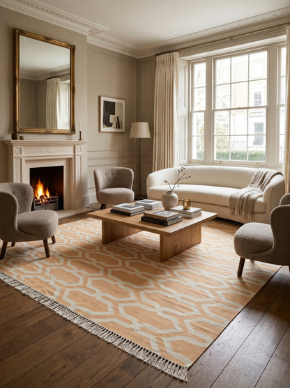 Camel Beige Geometric Area Rug, Modern Interlocking Trellis Dhurrie