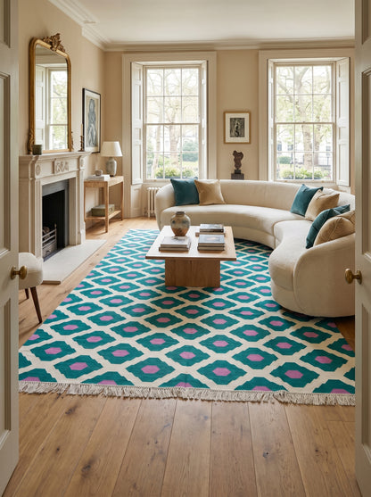 Teal Orchid Handwoven Cotton Flatweave Dhurrie Rug