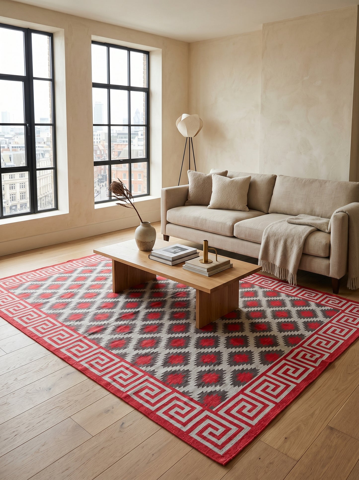 Modern Rustic Cabin Dhurrie with Meander Border rug