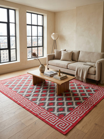 Modern Rustic Cabin Dhurrie with Meander Border rug