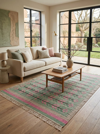 Sage Green Botanical Vine Area Rug, Pink & Tan Horizontal Leaf Motif Dhurrie Carpet