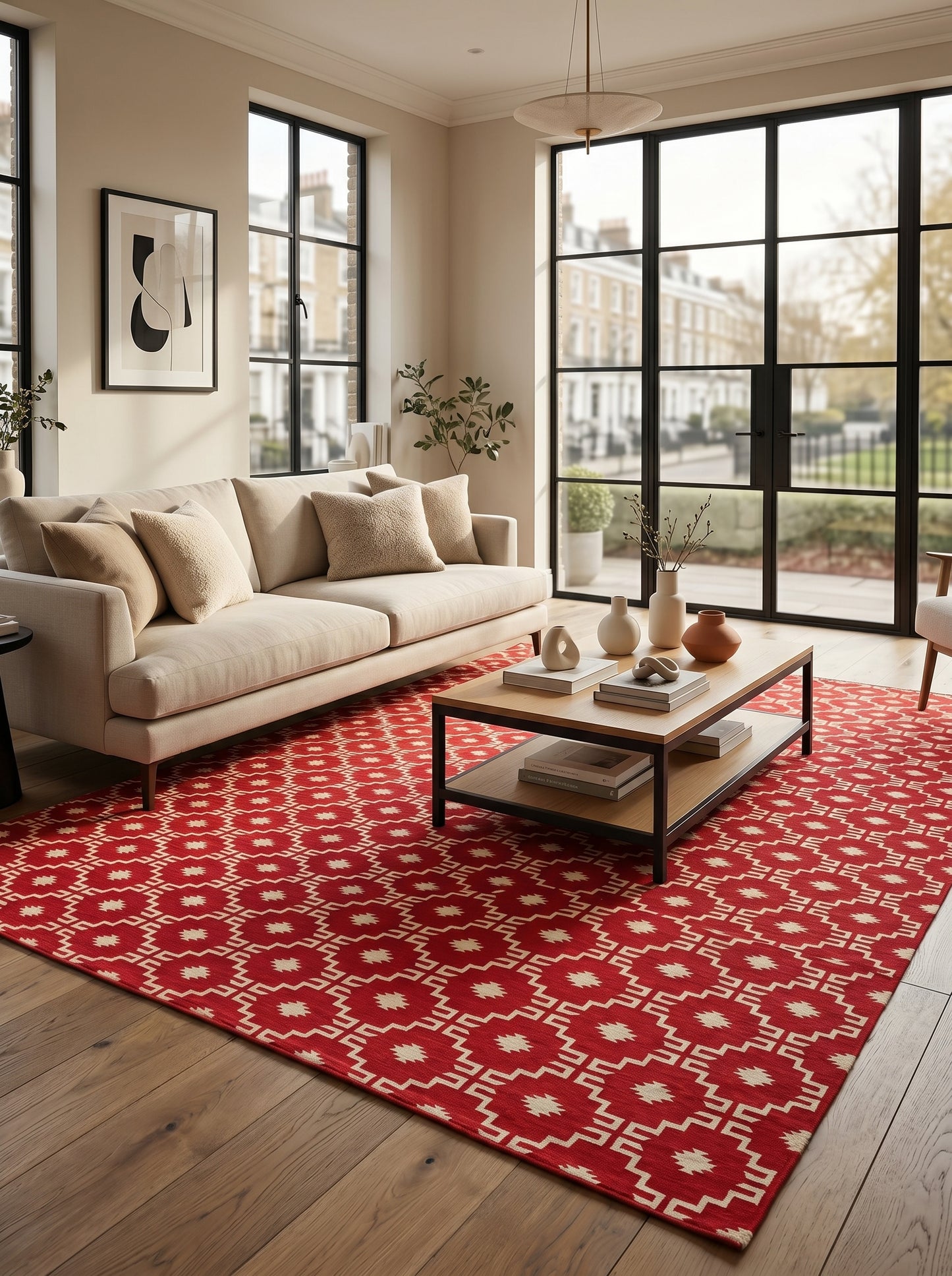 Modern Stepped Tile Flat Weave Carpet, Rustic Lodge Style Diamond Dhurrie