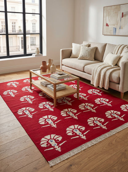 Red Mughal Floral Area Rug Traditional Carnation Motif Dhurrie Carpet