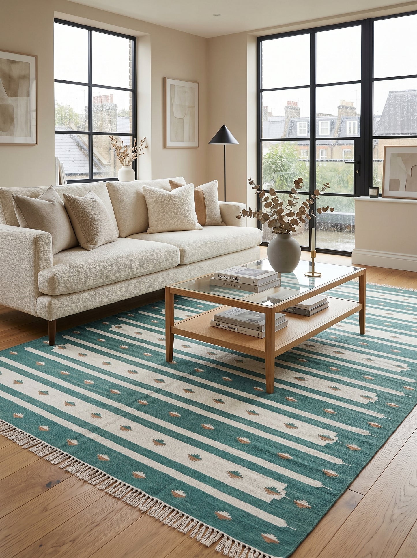 Teal Horizon Handwoven Cotton Flatweave Dhurrie Rug