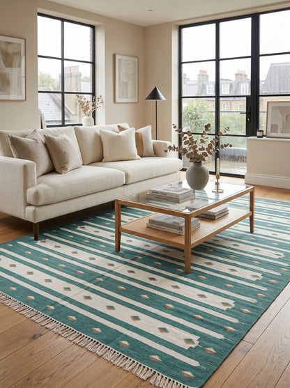 Teal Horizon Handwoven Cotton Flatweave Dhurrie Rug