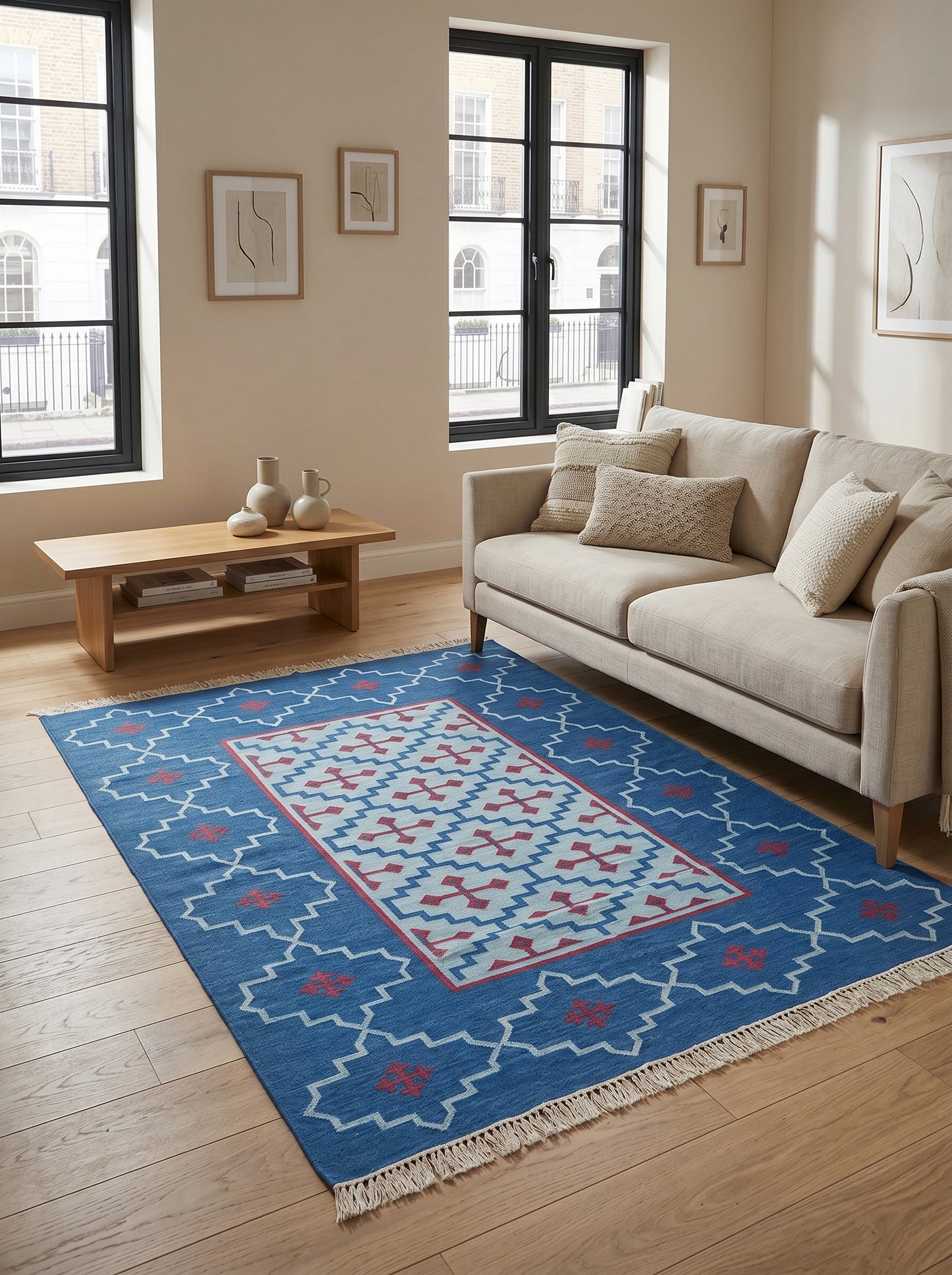 Cobalt Blue Flat Weave Carpet, Southwestern Eye Dazzler Lodge Dhurrie Rug