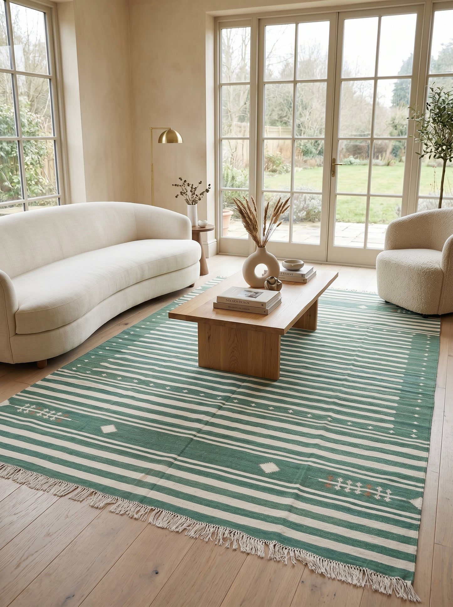 Teal Green & Ivory Horizontal Stripe Area Rug
