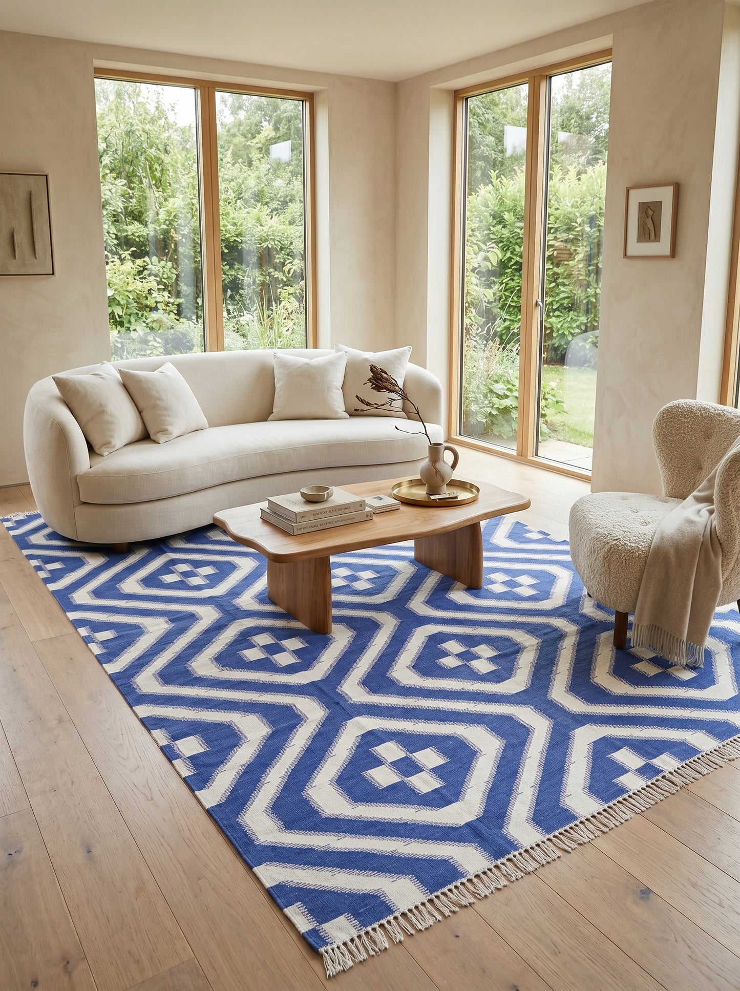 Royal Blue & White Geometric Area Rug, Southwestern Diamond Cross Kilim Dhurrie