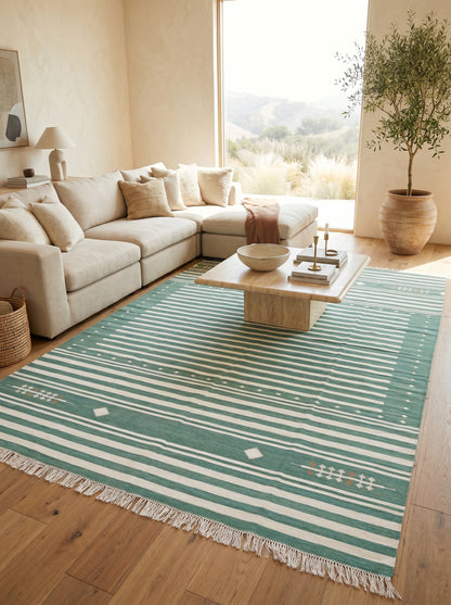 Teal Green & Ivory Horizontal Stripe Area Rug