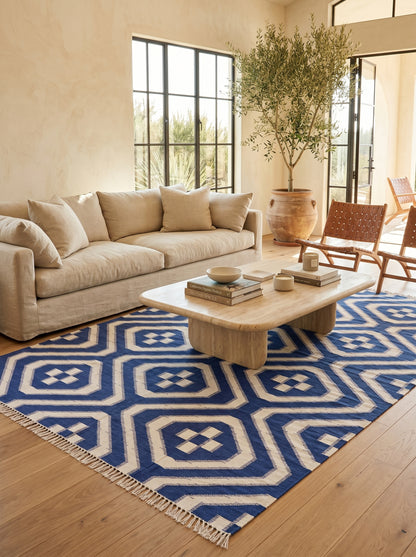 Royal Blue & White Geometric Area Rug, Southwestern Diamond Cross Kilim Dhurrie