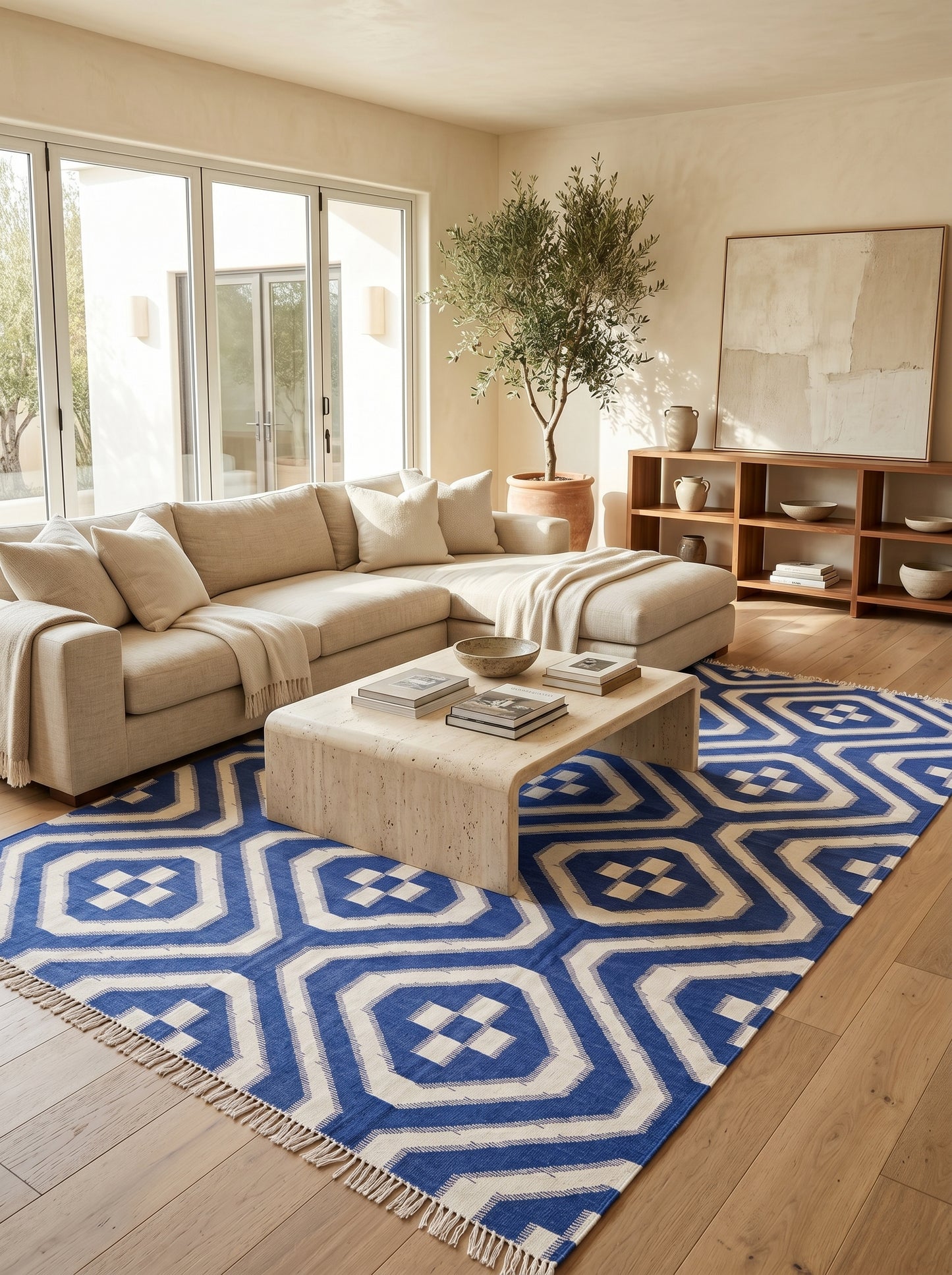 Royal Blue & White Geometric Area Rug, Southwestern Diamond Cross Kilim Dhurrie