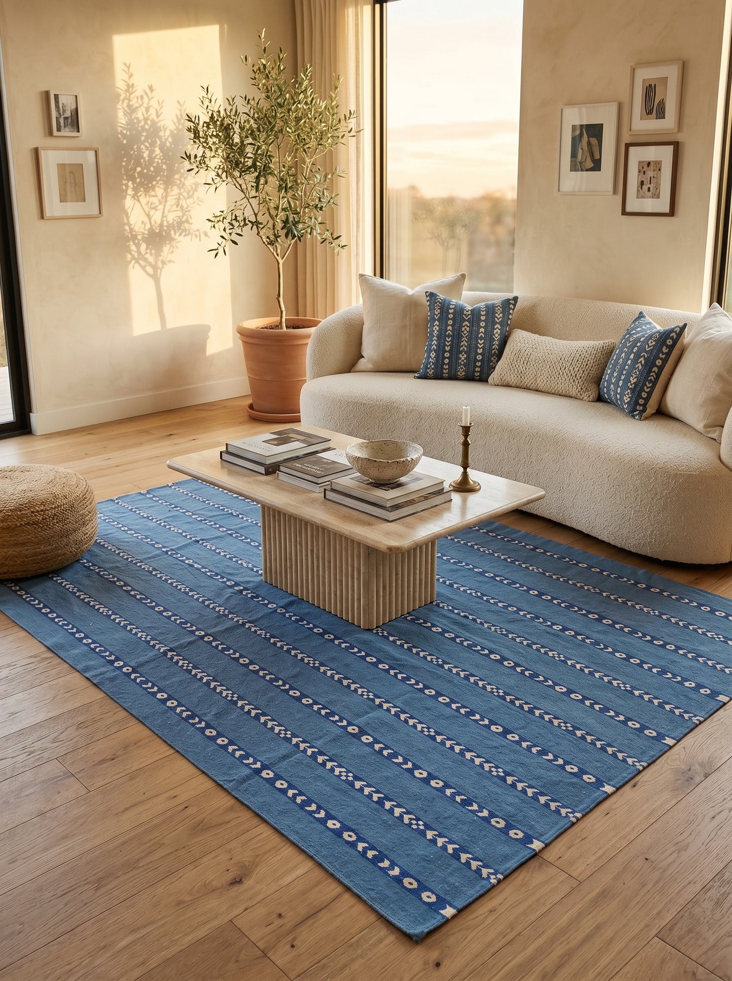 Bright Blue Vertical Stripe Cotton Flatweave Rug