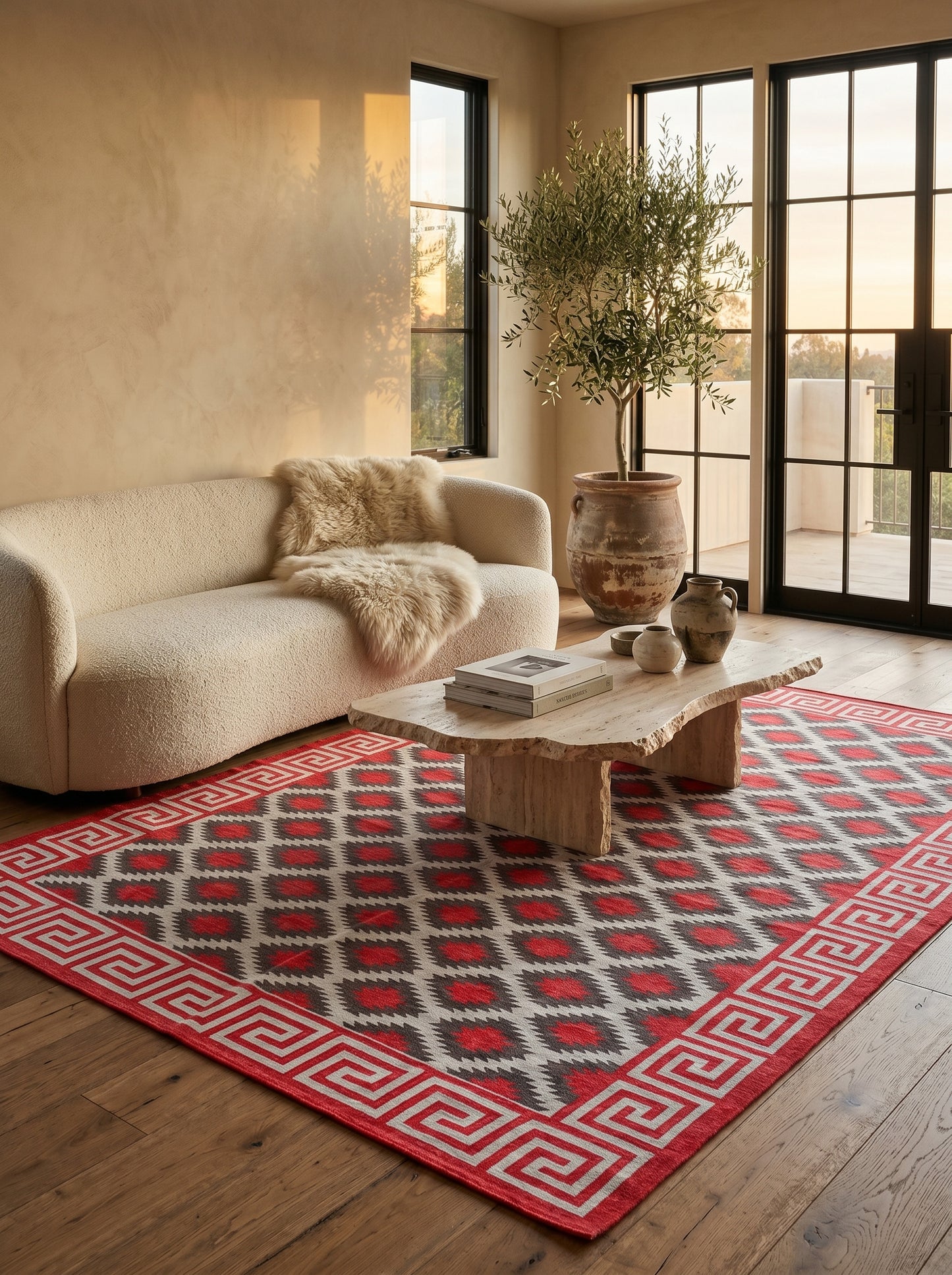 Modern Rustic Cabin Dhurrie with Meander Border rug