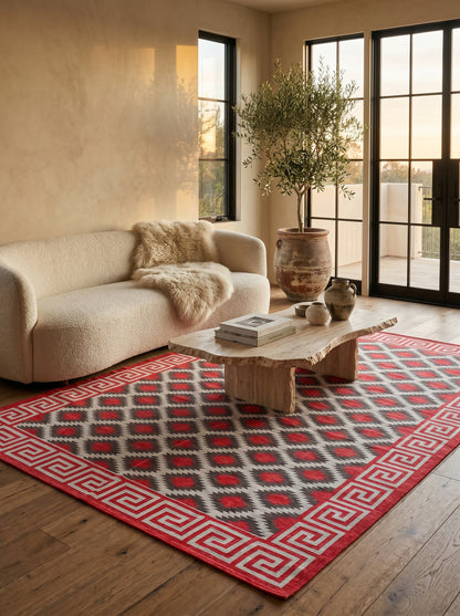 Modern Rustic Cabin Dhurrie with Meander Border rug