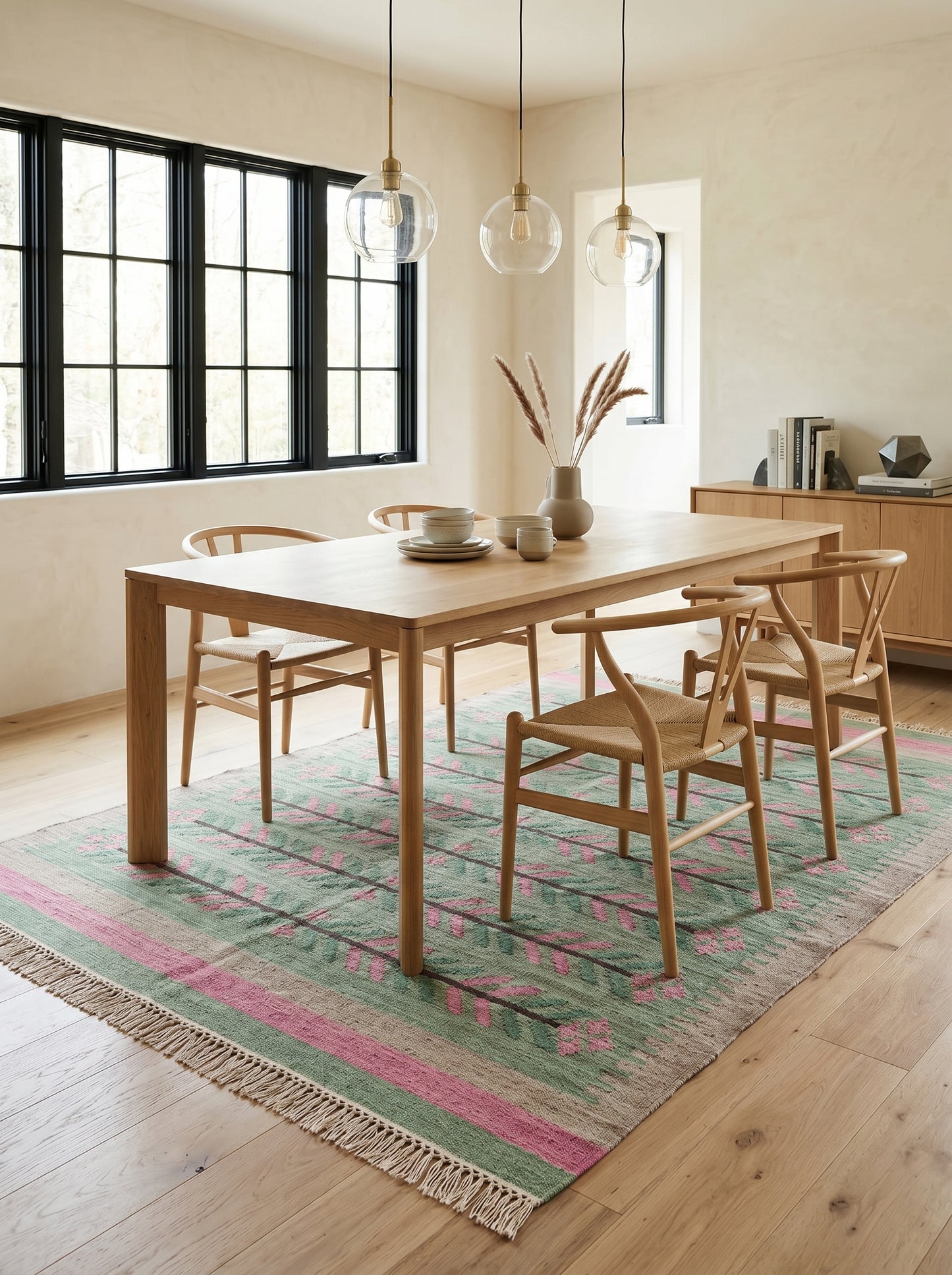 Sage Green Botanical Vine Area Rug, Pink & Tan Horizontal Leaf Motif Dhurrie Carpet