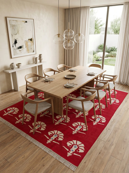 Red Mughal Floral Area Rug Traditional Carnation Motif Dhurrie Carpet