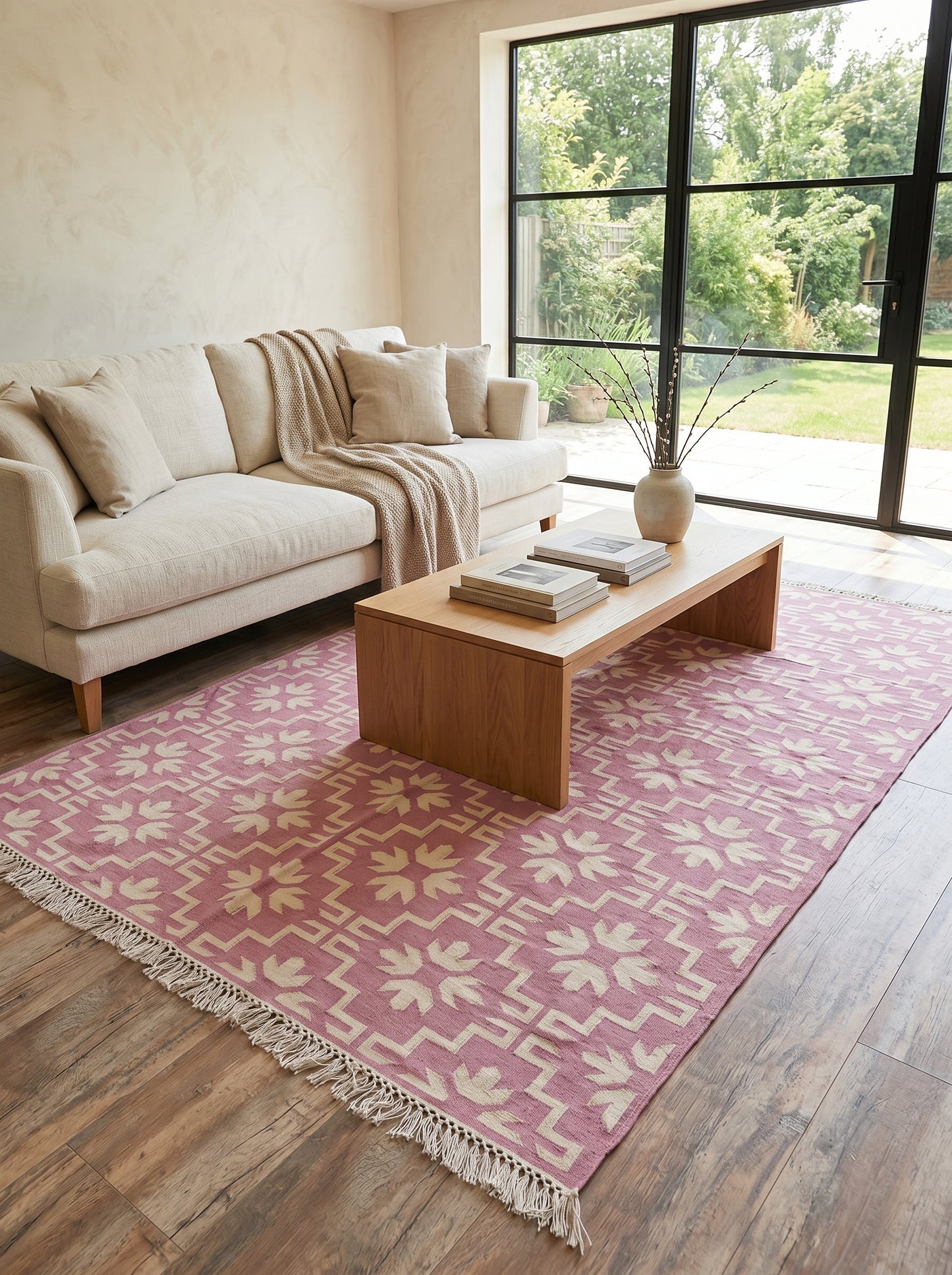 Mauve Labyrinth Contemporary Dusty Pink Geometric Flatweave Area Rug