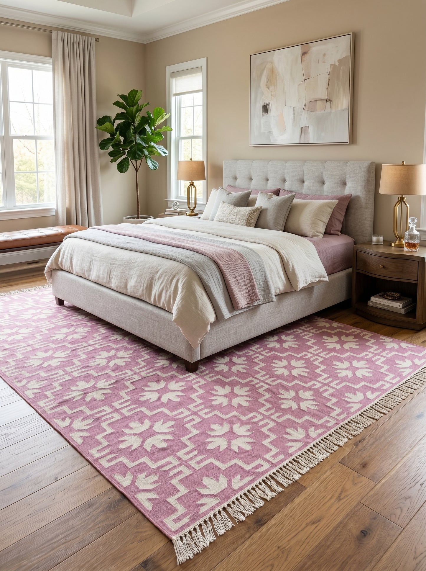 Mauve Labyrinth Contemporary Dusty Pink Geometric Flatweave Area Rug