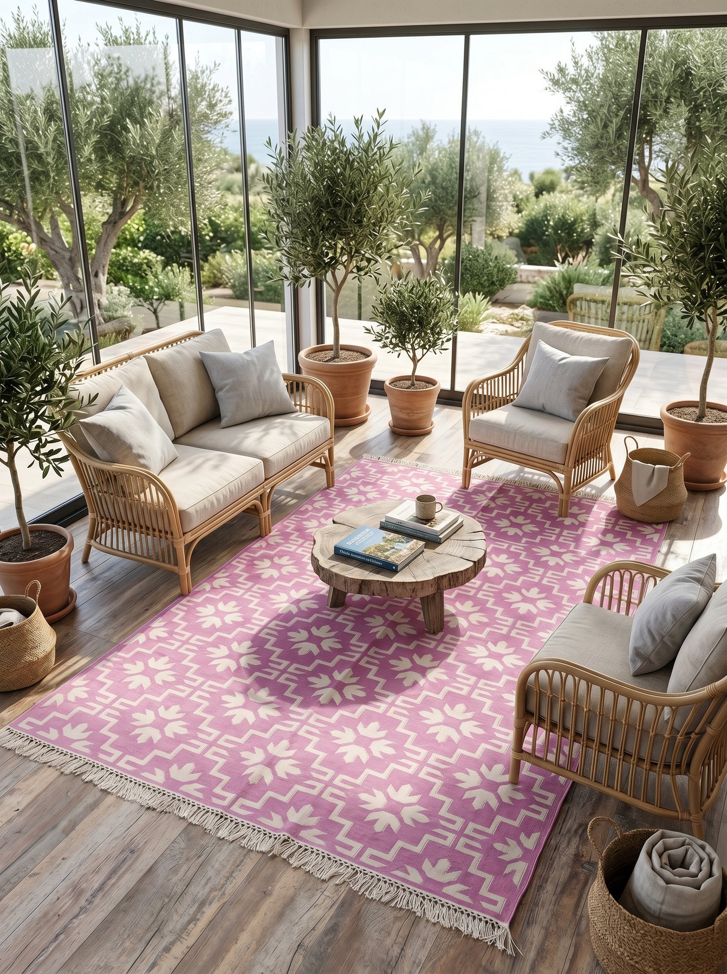 Mauve Labyrinth Contemporary Dusty Pink Geometric Flatweave Area Rug