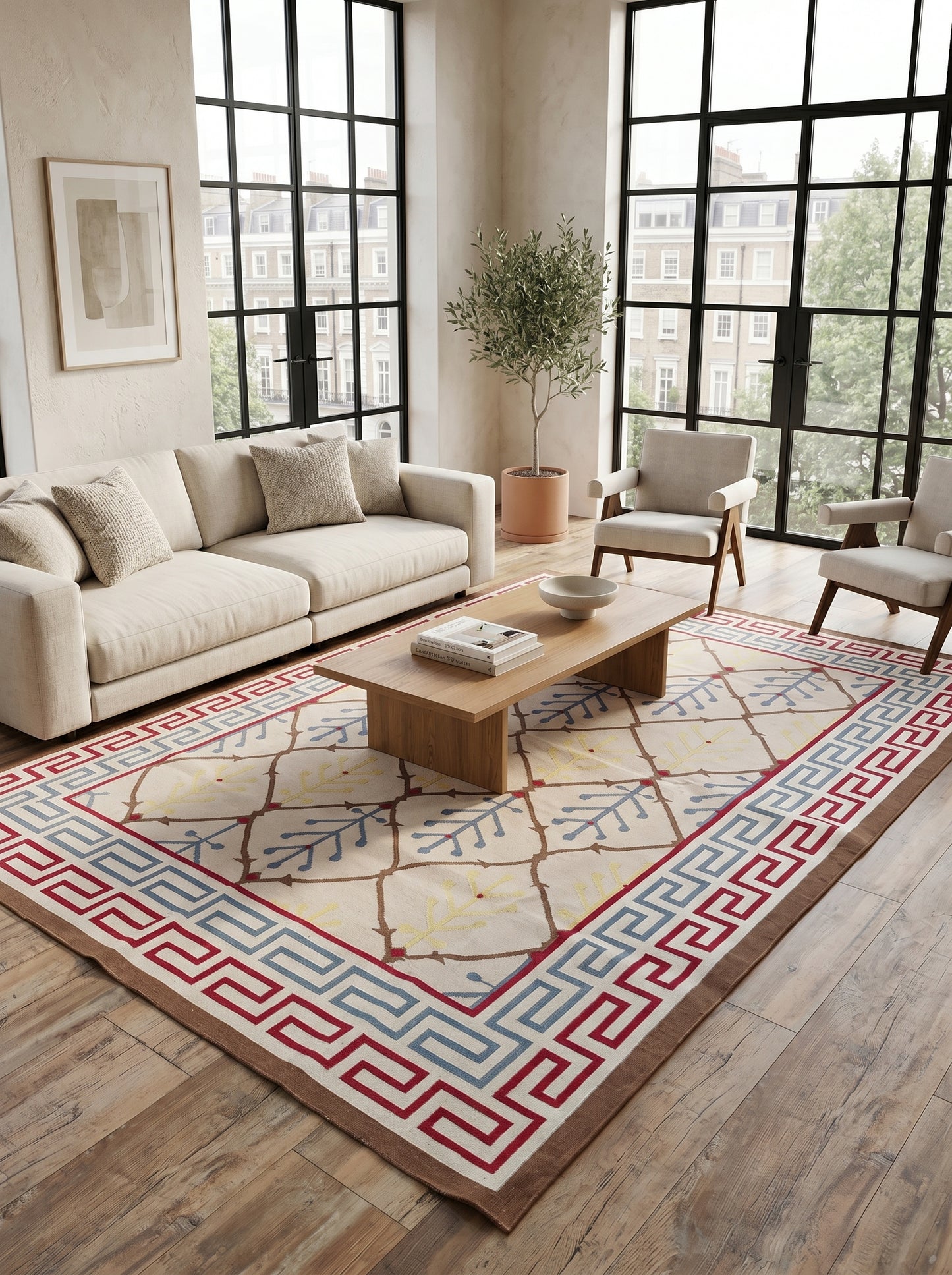 Mediterranean Heritage Cream and Blue Diamond Lattice Flatweave rug