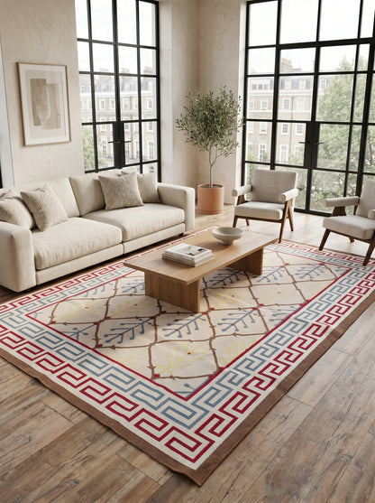 Mediterranean Heritage Cream and Blue Diamond Lattice Flatweave rug