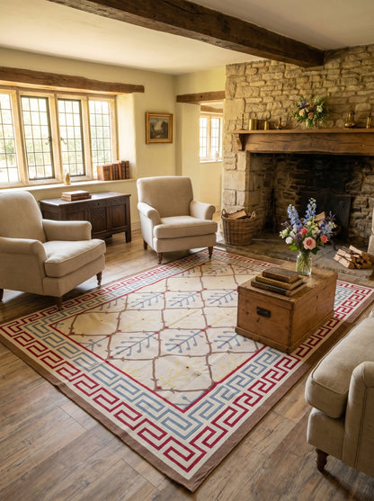 Mediterranean Heritage Cream and Blue Diamond Lattice Flatweave rug