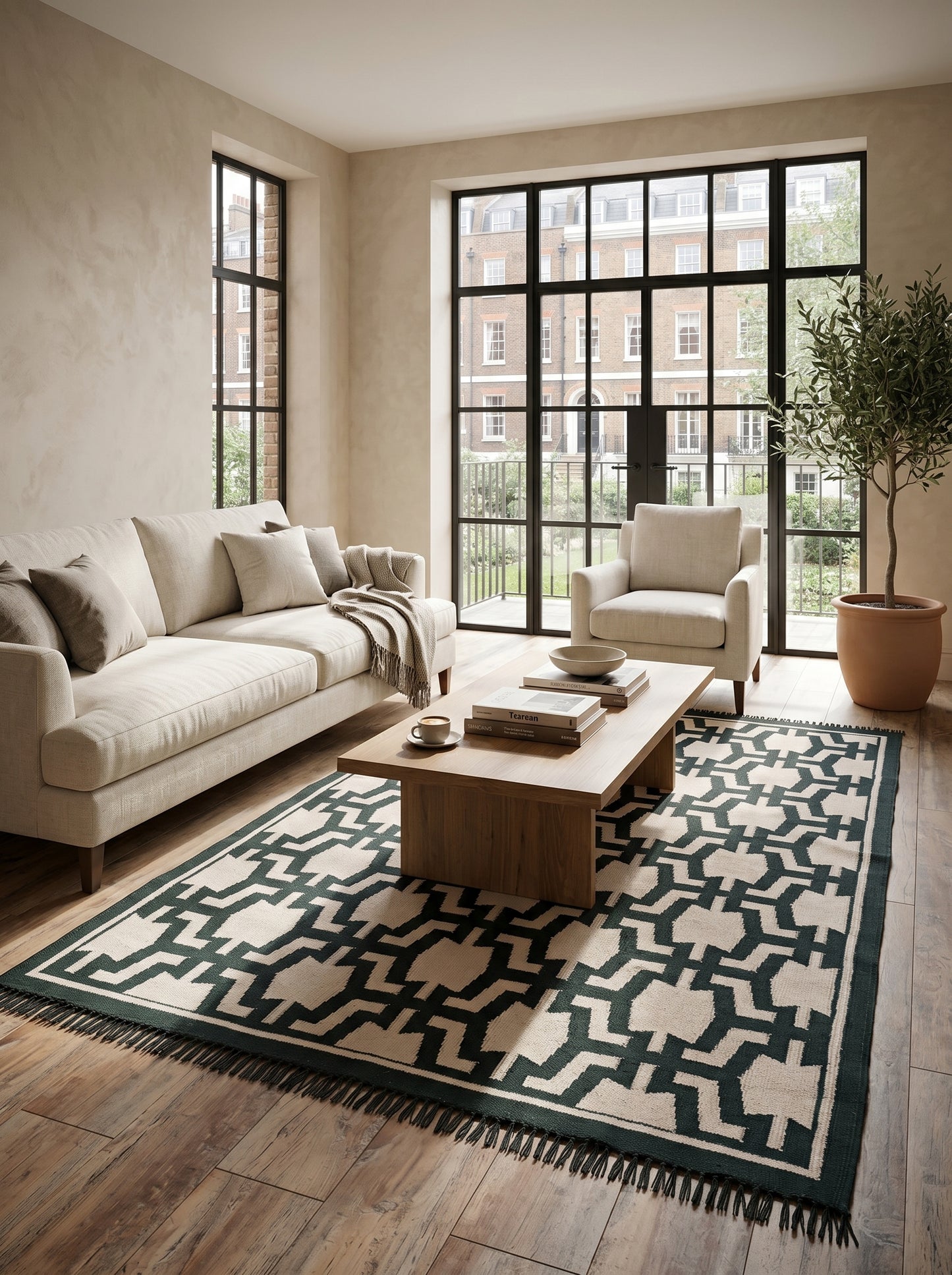 The Emerald Maze Handwoven Cotton Dhurrie rug