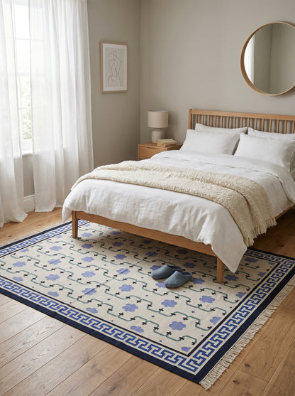 Marrakesh Meande Blue Greek Key Border Dhurrie