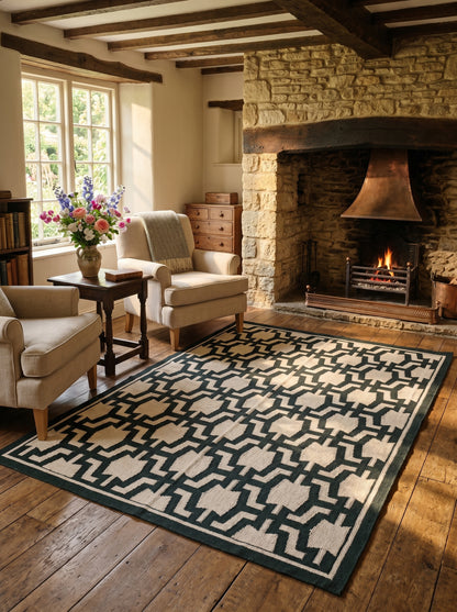 The Emerald Maze Handwoven Cotton Dhurrie rug