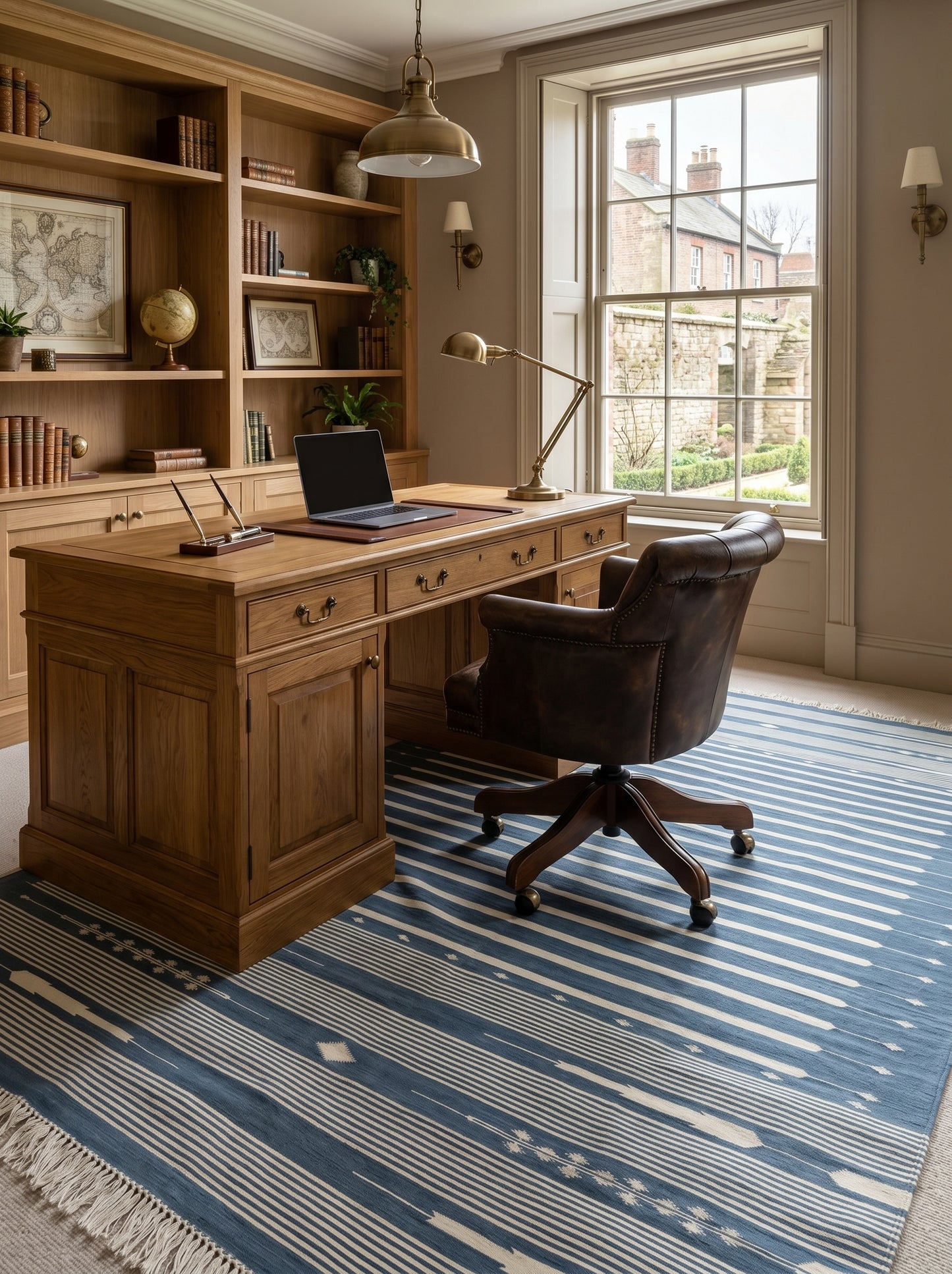 Slate Blue Striped Flatweave Rug with Tribal Motifs