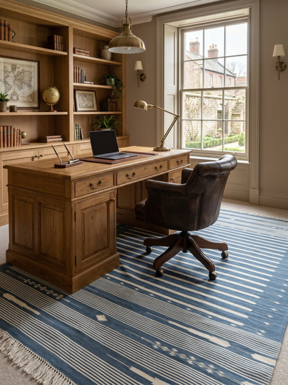 Slate Blue Striped Flatweave Rug with Tribal Motifs