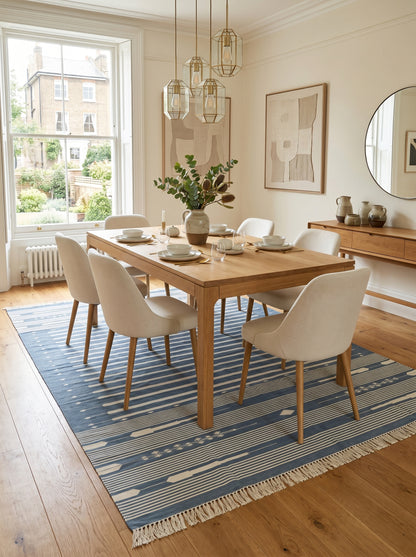 Slate Blue Striped Flatweave Rug with Tribal Motifs
