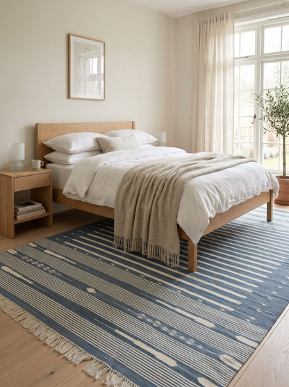 Slate Blue Striped Flatweave Rug with Tribal Motifs