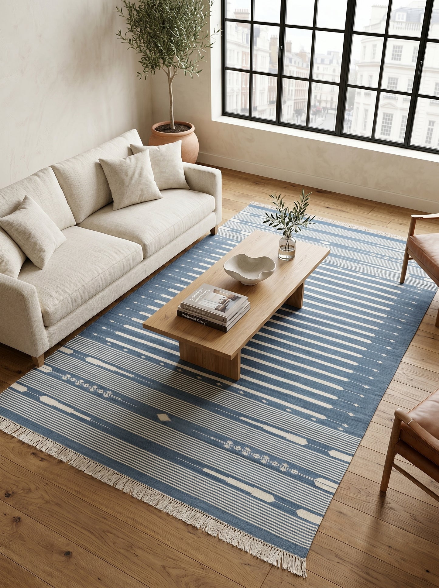 Slate Blue Striped Flatweave Rug with Tribal Motifs