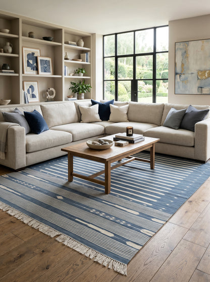 Slate Blue Striped Flatweave Rug with Tribal Motifs