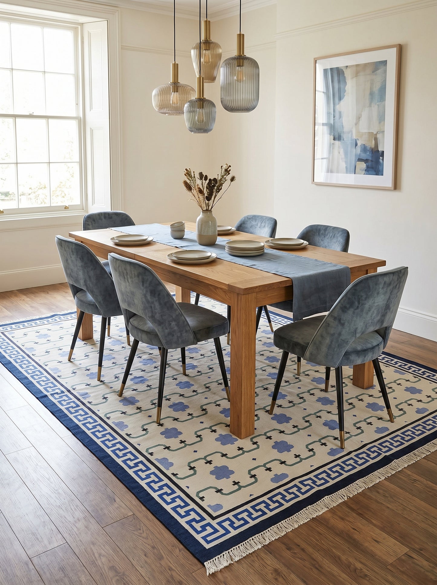 Marrakesh Meande Blue Greek Key Border Dhurrie