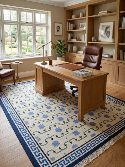 Marrakesh Meande Blue Greek Key Border Dhurrie